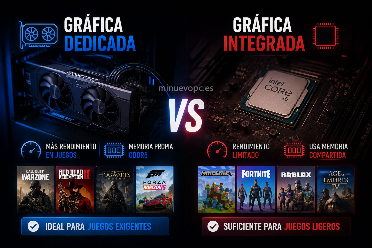 Dos torres gaming enfrentadas para comparar una gráfica dedicada con una integrada y entender qué opción ofrece mejor rendimiento según el tipo de juego