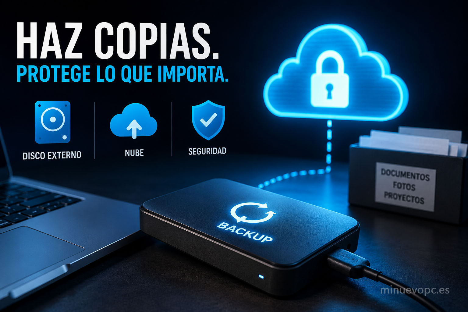 Disco duro externo para copias de seguridad conectado a portátil con almacenamiento en la nube y protección de archivos importantes del PC