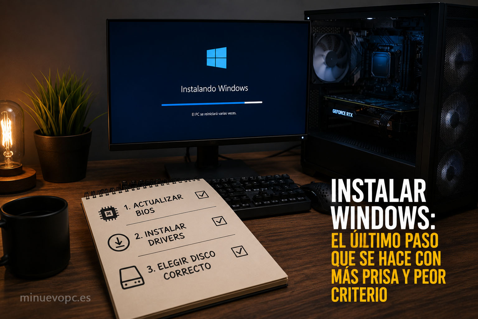 Pantalla de instalación de Windows junto a un PC recién montado y una lista de comprobación con BIOS, drivers y disco correcto antes de comprar nuevos componentes
