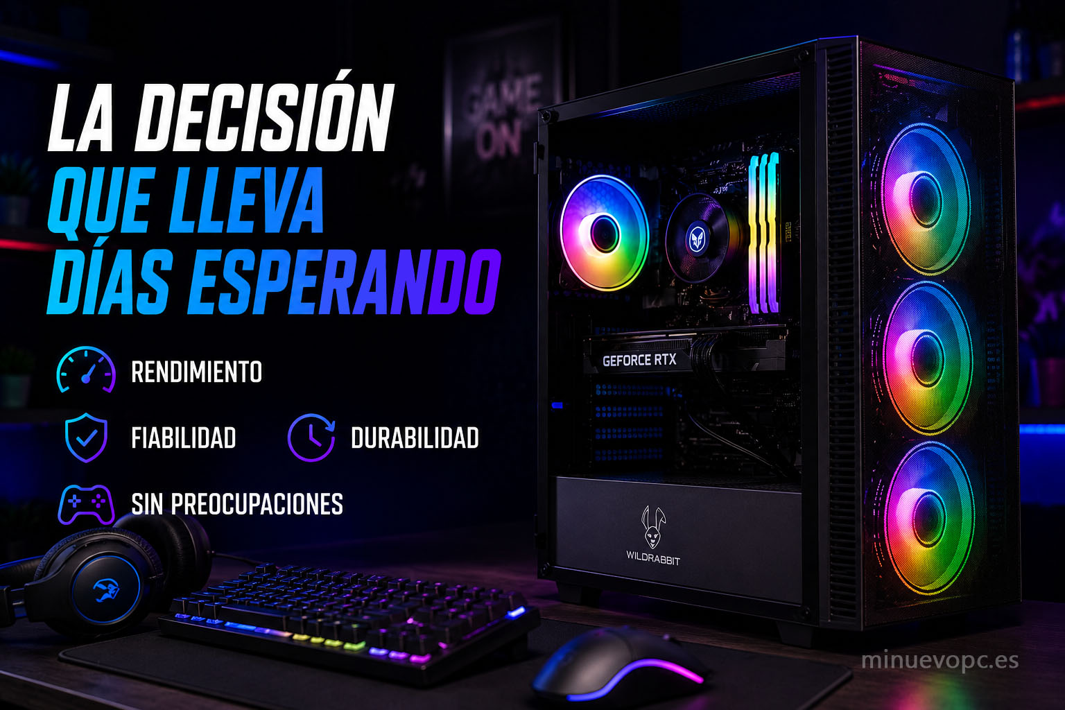 Vista frontal de un PC gaming listo para 1080p con iluminación RGB, pensado para quien busca el mejor PC gaming por 800 euros con rendimiento duradero