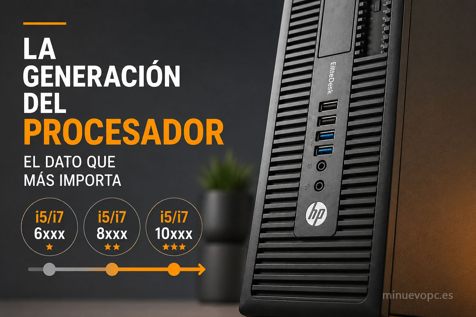 Detalle frontal de un PC reacondicionado junto a una comparativa visual de generaciones Intel Core para elegir un ordenador con mejor rendimiento