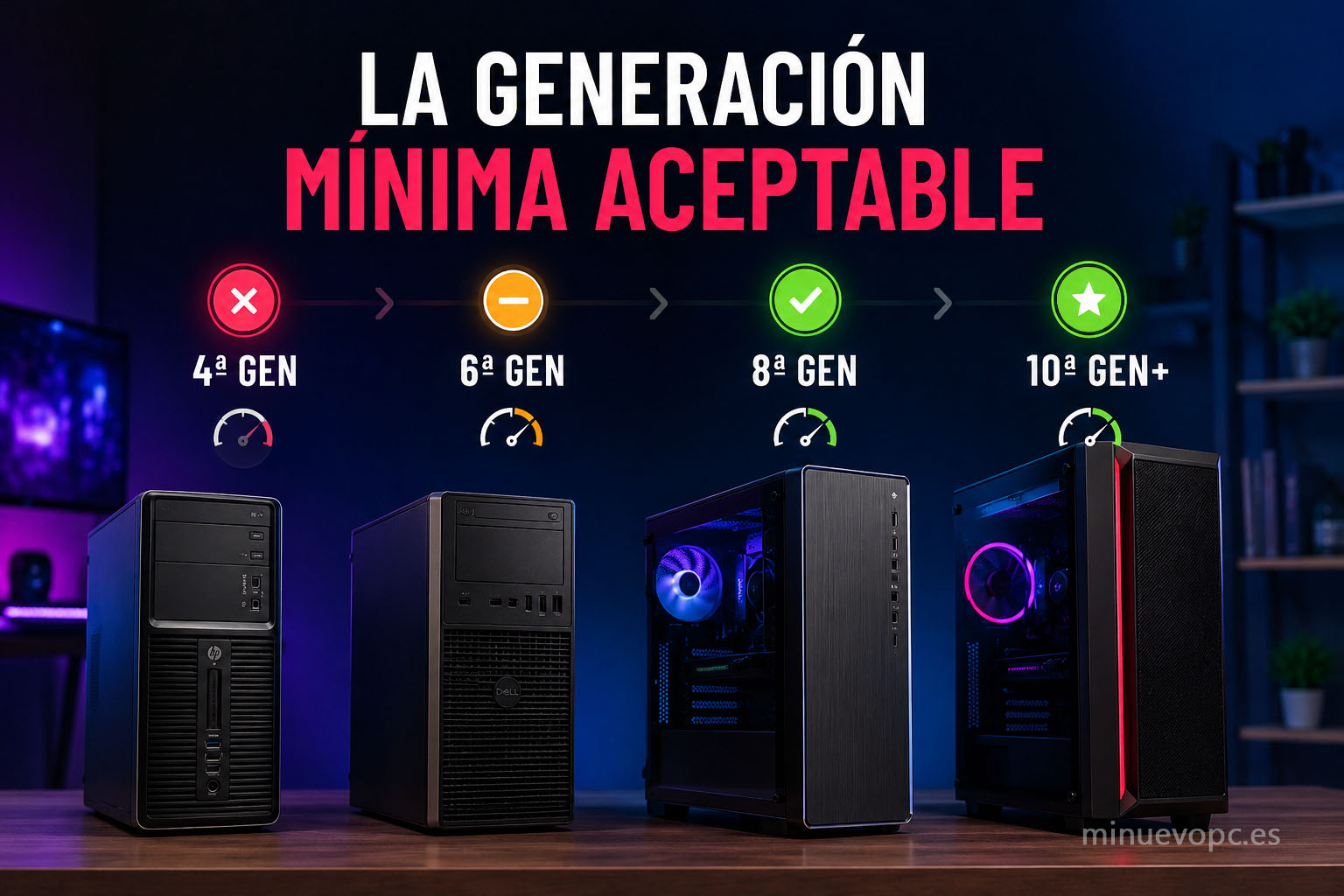 Comparativa visual de PCs por generaciones con indicadores de rendimiento para elegir un PC reacondicionado con mejor calidad precio