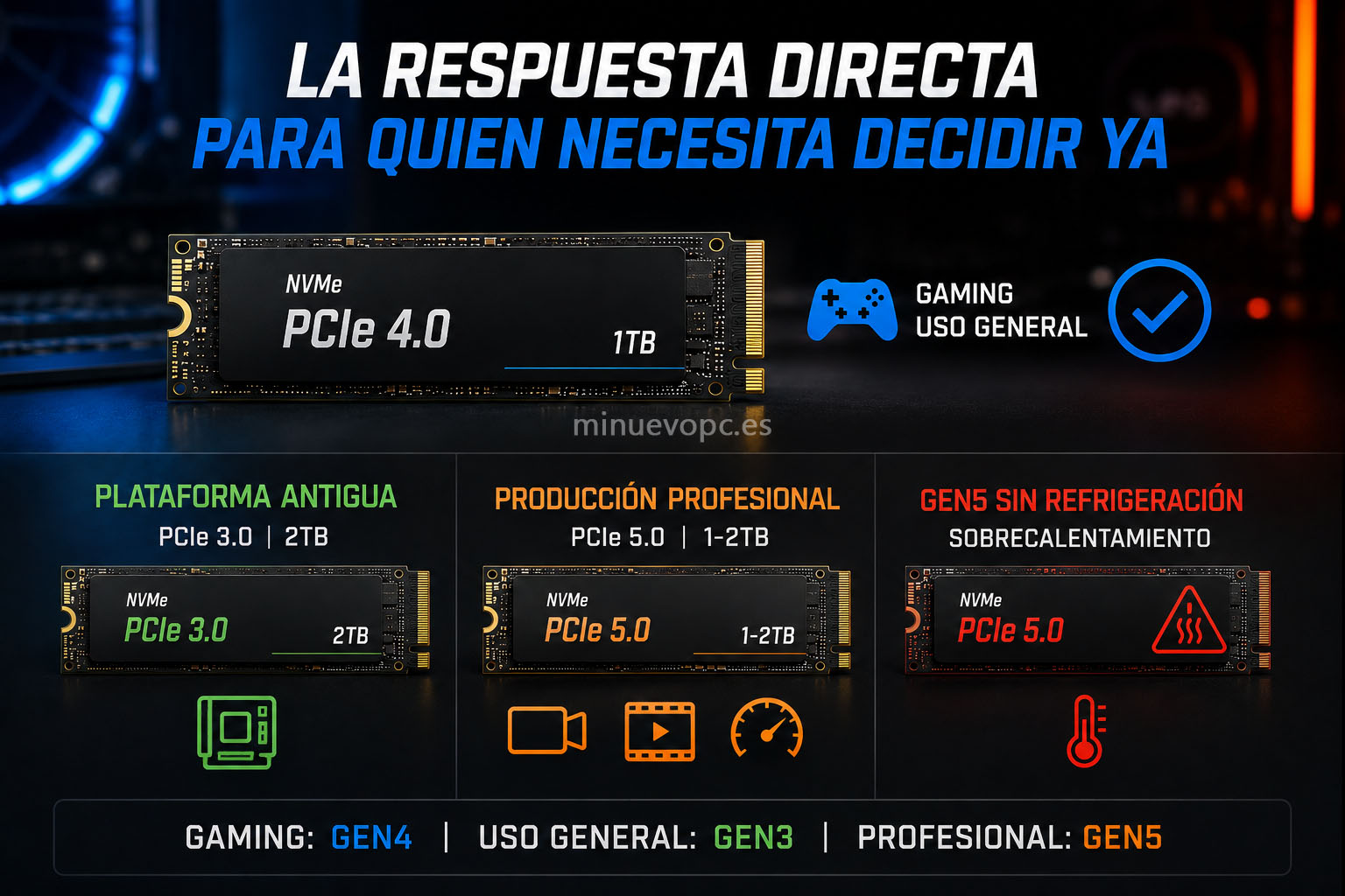 SSD NVMe PCIe 4.0 de 1 TB destacado como la mejor compra para gaming y uso diario, junto a alternativas Gen3 y Gen5 según necesidades específicas