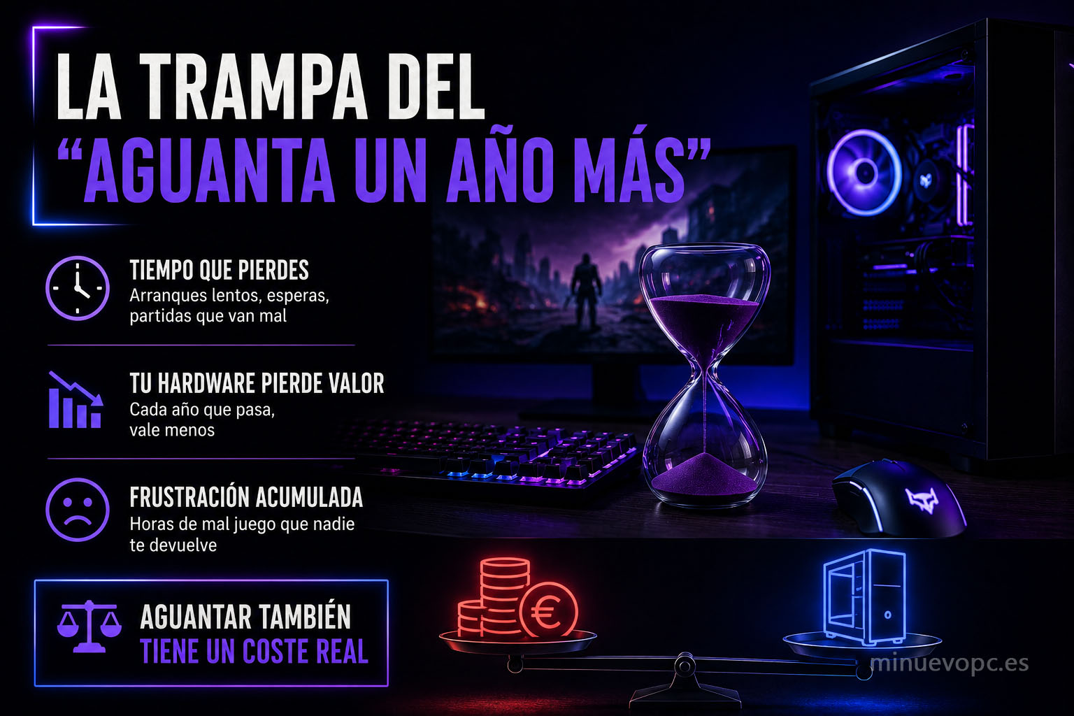 Iluminación ambiental gaming e iconos relacionados con el tiempo simbolizando el coste de retrasar una actualización de hardware
