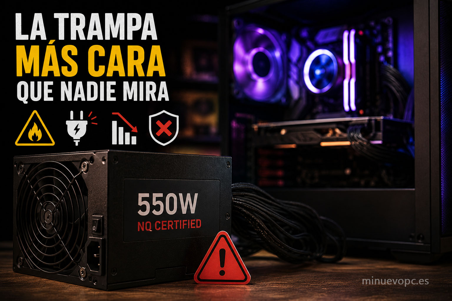 Fuente de alimentación para PC gaming con iconos de advertencia destacando la importancia de elegir una PSU fiable antes de comprar