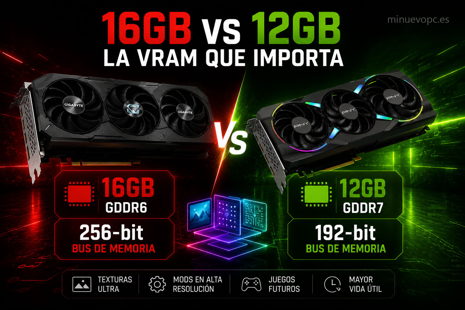 RX 9070 XT con 16GB GDDR6 frente a RTX 5070 con 12GB GDDR7 en una comparativa gaming enfocada en rendimiento futuro y texturas ultra