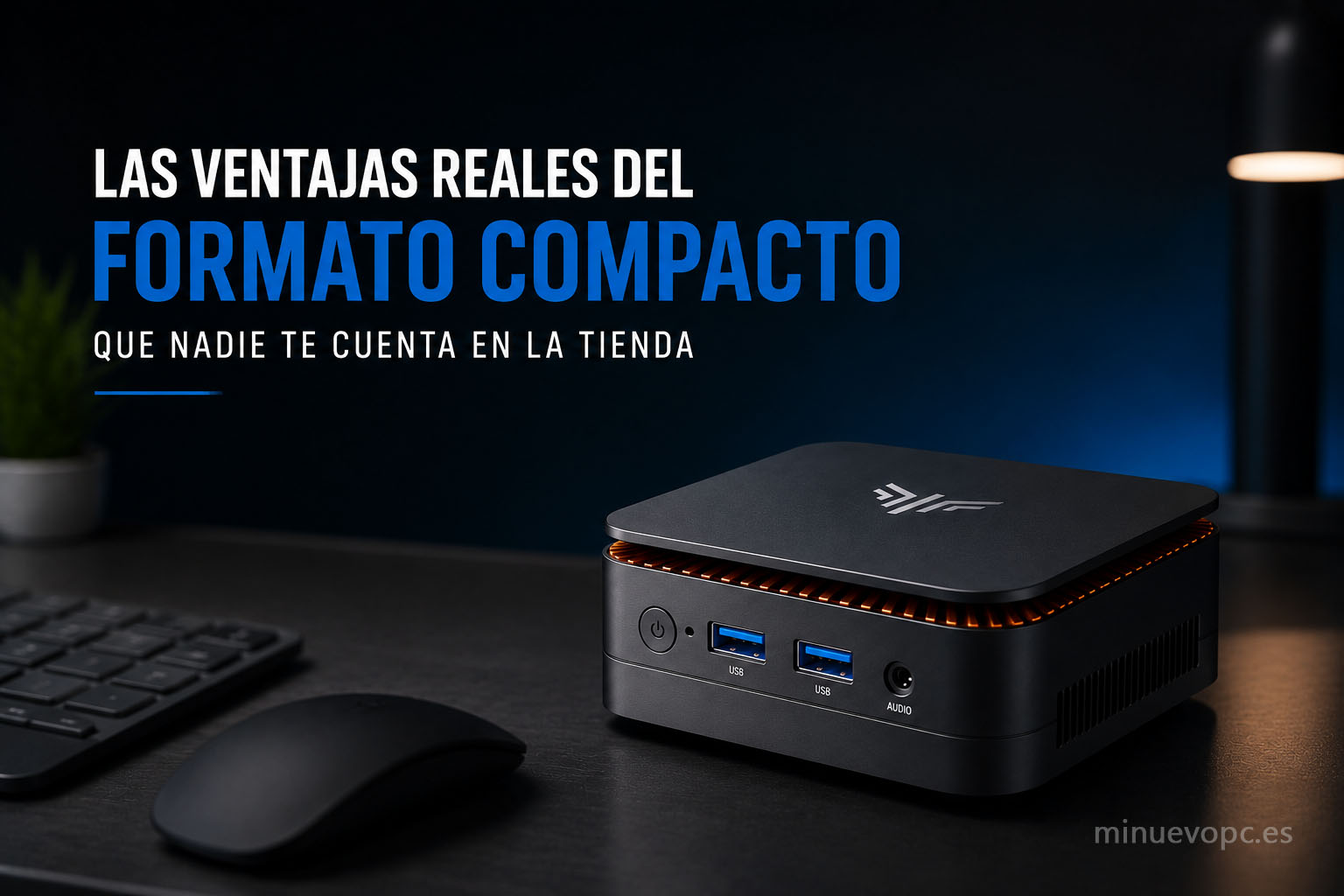 Mini PC compacto y silencioso sobre escritorio moderno para trabajo de oficina y bajo consumo eléctrico