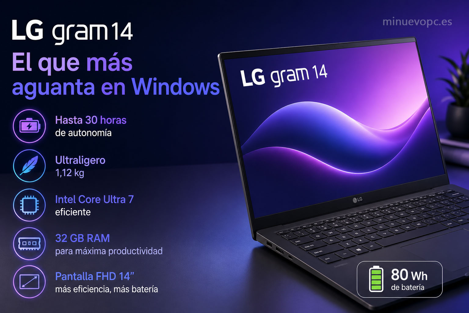 LG gram 14 con Intel Core Ultra, batería optimizada y diseño ultraligero pensado para trabajar durante largas jornadas lejos del enchufe