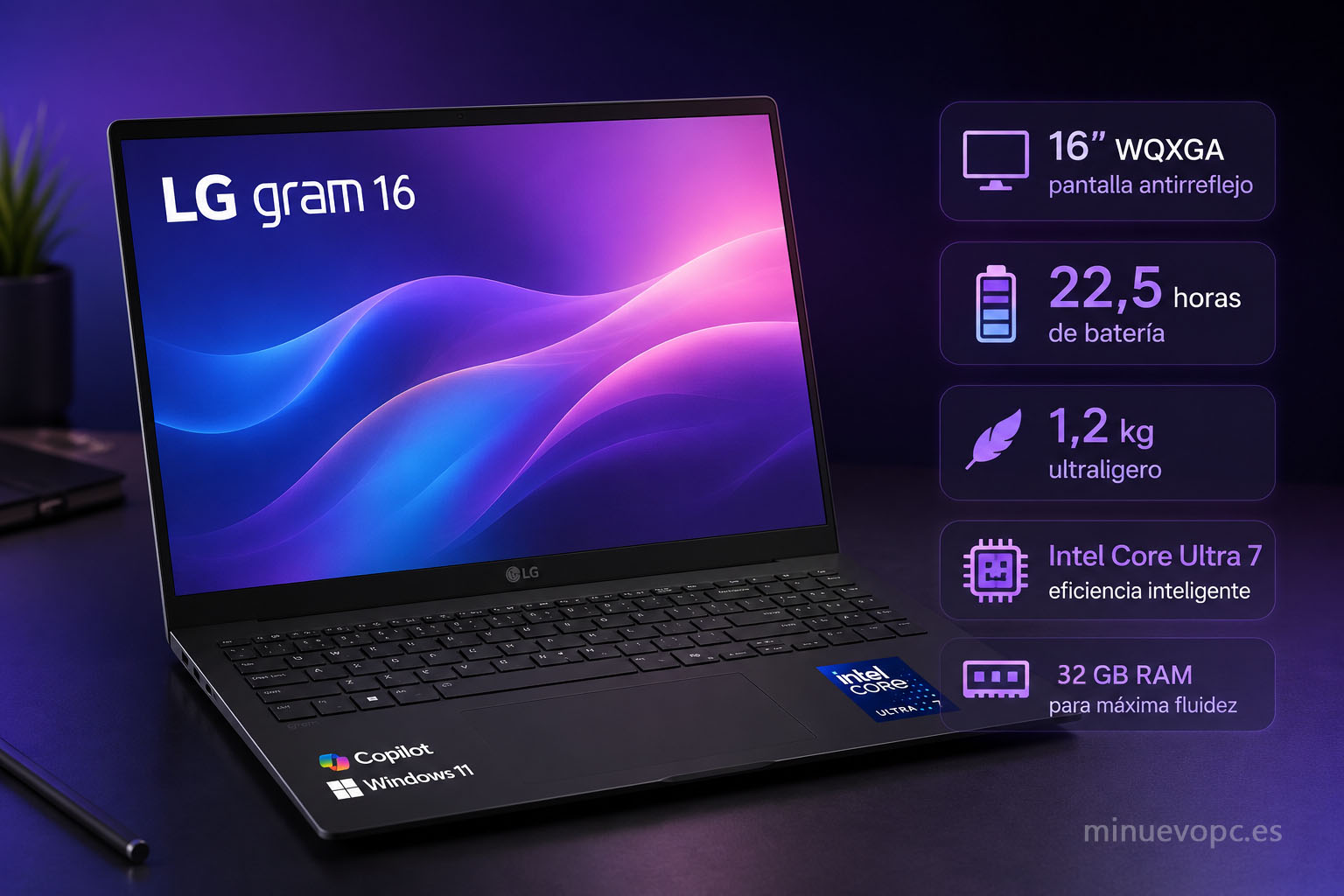 Portátil LG gram 16 con pantalla amplia de alta resolución, autonomía destacada y diseño ligero para productividad y multitarea