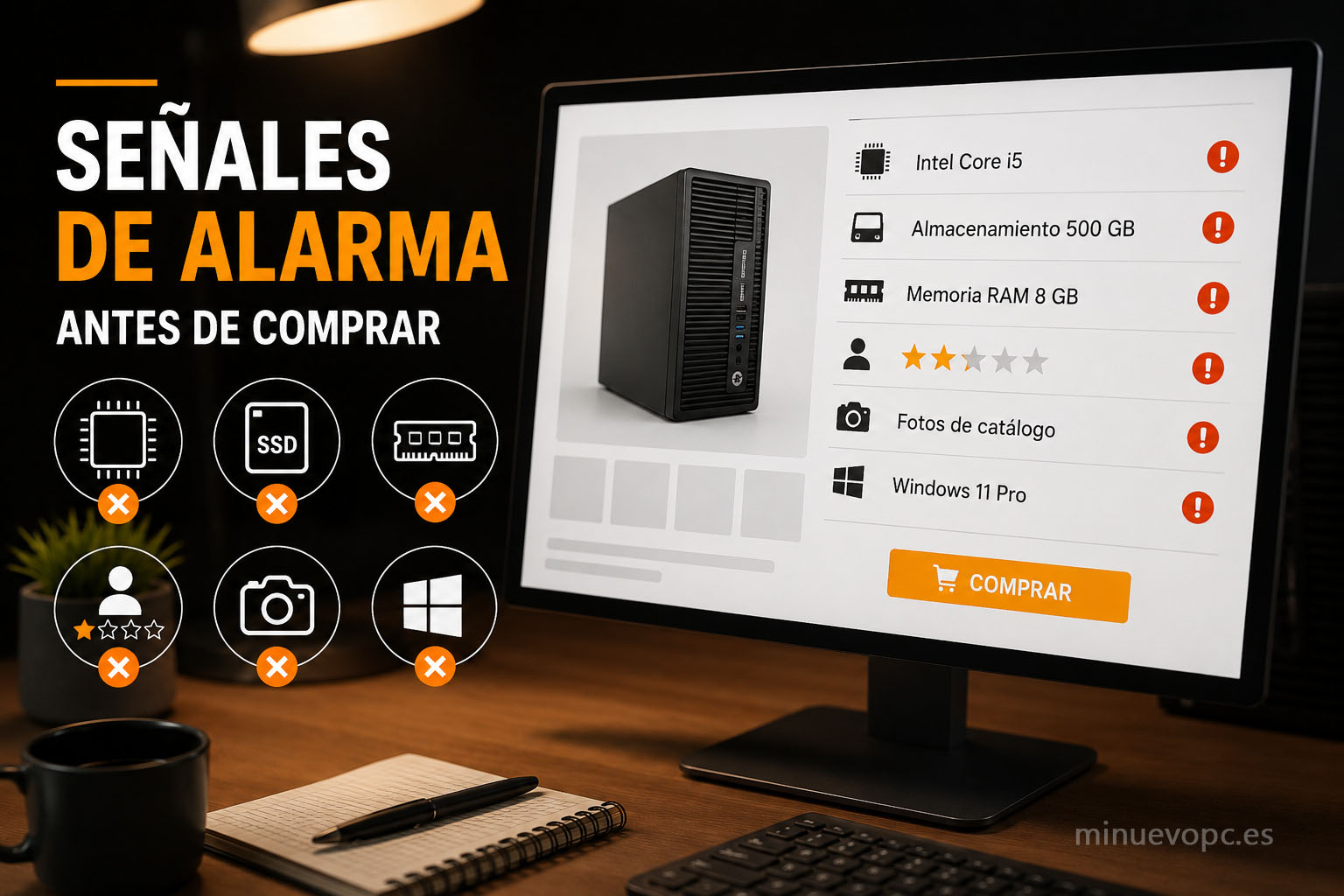Monitor mostrando una ficha de un PC reacondicionado con iconos de advertencia para revisar especificaciones y comprar con mayor seguridad