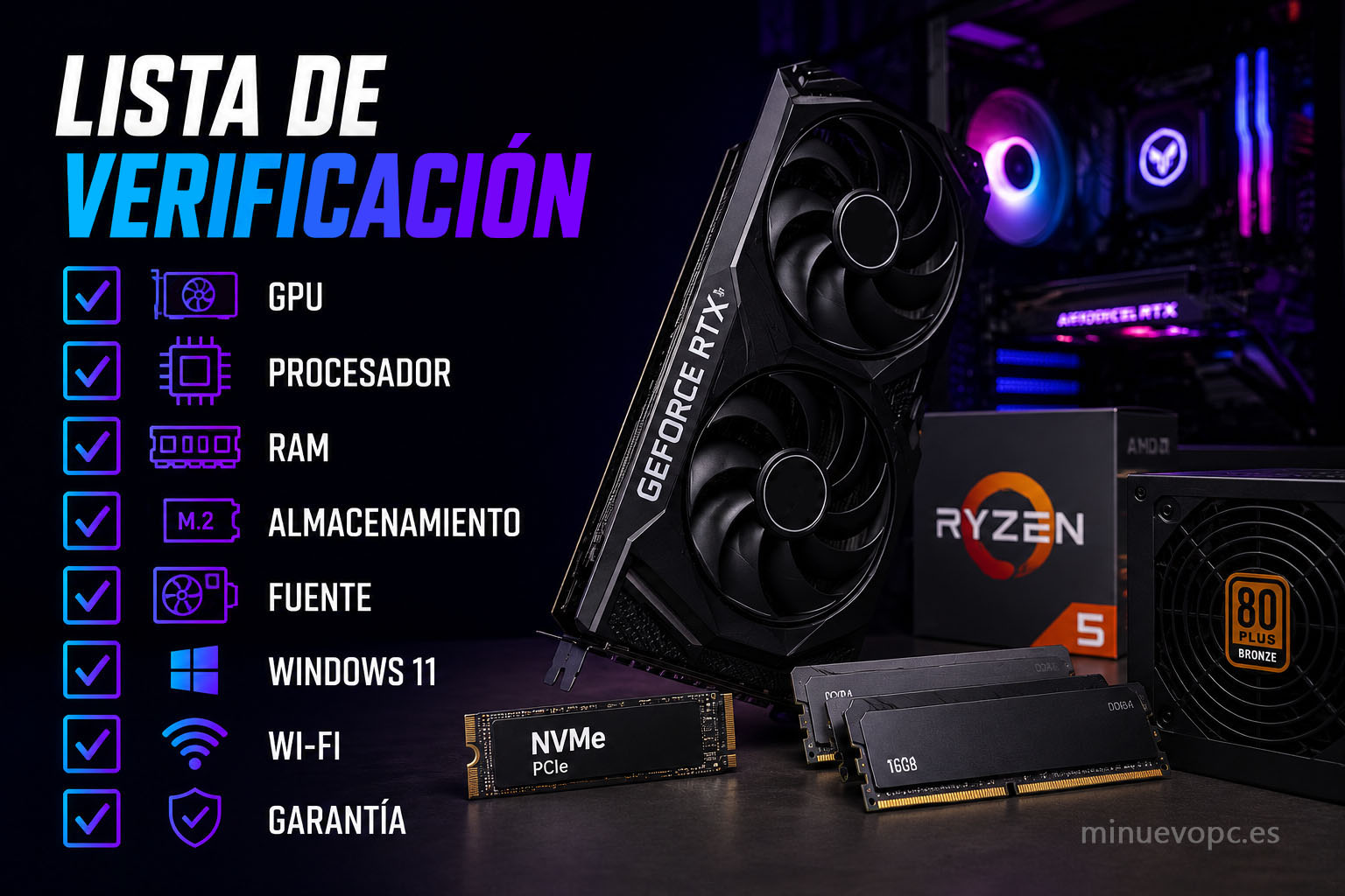 Componentes esenciales de un PC gaming calidad precio con iconos de GPU, RAM, SSD NVMe y fuente para comprar con más seguridad y evitar errores habituales