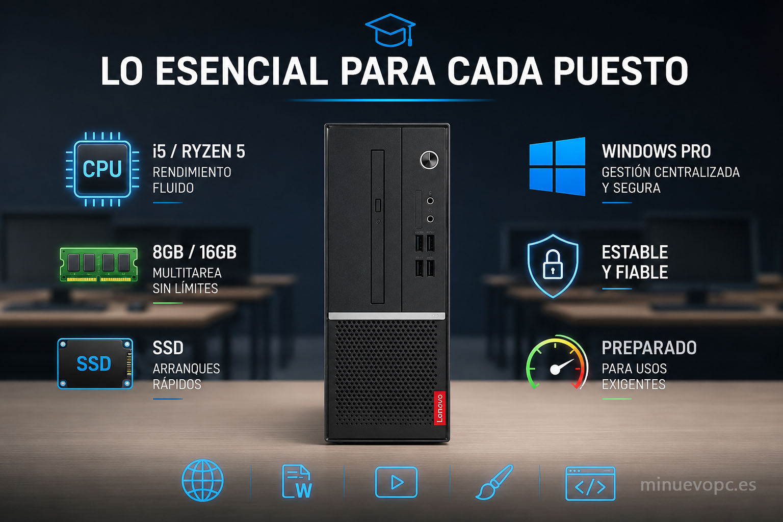 PC de sobremesa para aulas de informática con SSD, Intel Core i5 y memoria RAM suficiente para uso educativo