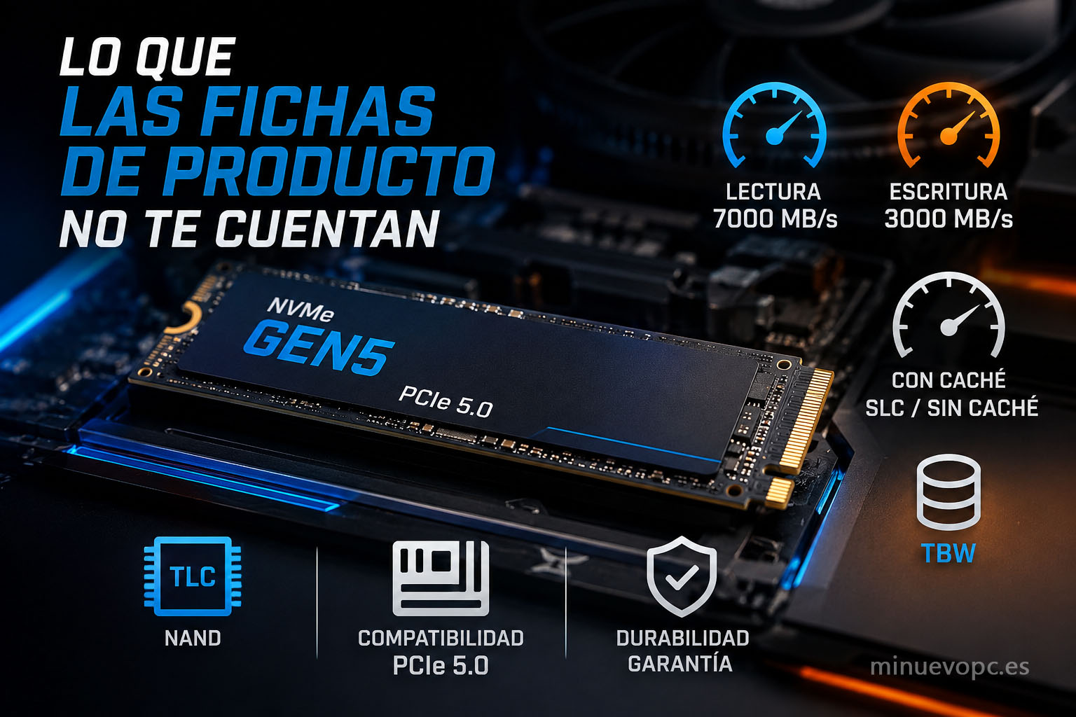SSD NVMe PCIe 5.0 instalado en placa base con iconos de lectura, escritura, caché y TBW mostrando los datos clave que conviene revisar antes de comprar