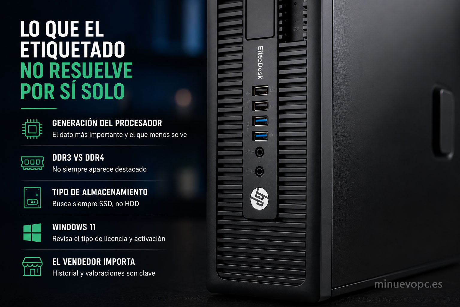 Detalle de PC reacondicionado con puertos y componentes para identificar generación, SSD y memoria antes de comprar