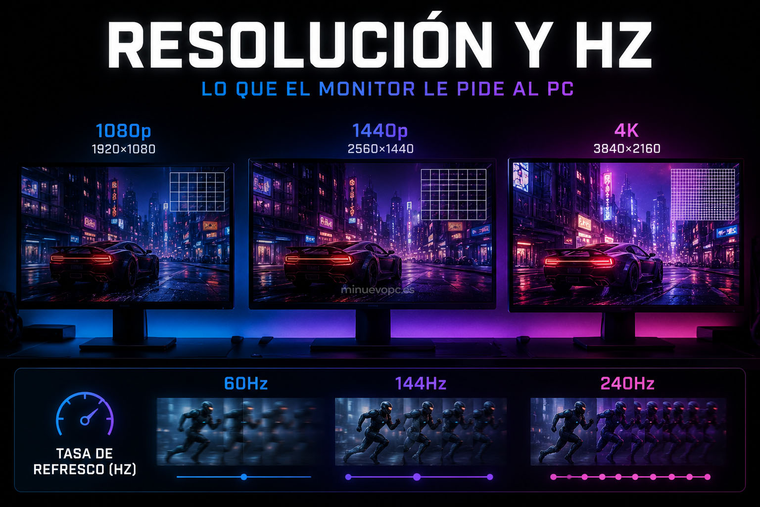 Comparación de resoluciones 1080p, 1440p y 4K junto a tasas de refresco 60Hz, 144Hz y 240Hz en monitores gaming modernos