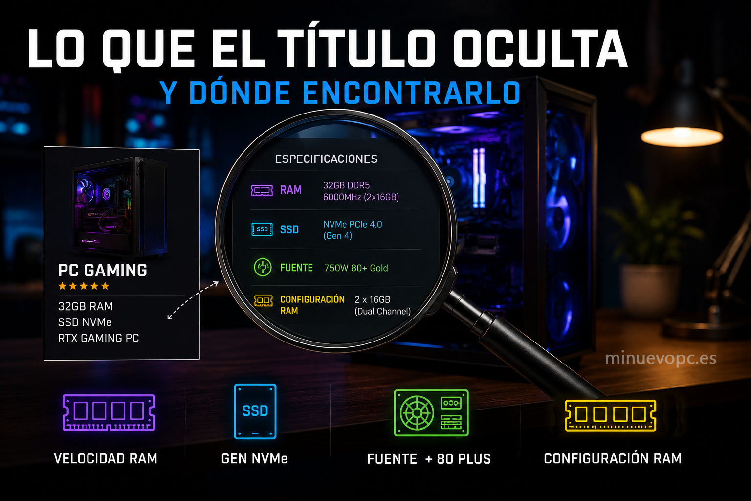 Lupa sobre la ficha técnica de un PC gaming destacando velocidad de RAM, SSD NVMe y fuente 80 Plus antes de comprar un ordenador gaming