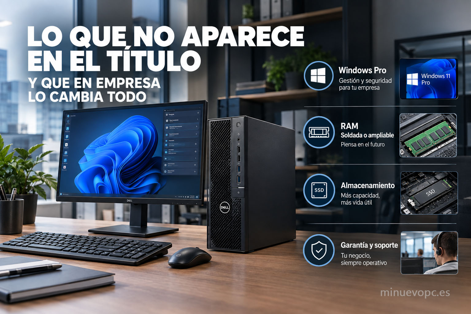 Ordenador de sobremesa para empresa con Windows Pro, RAM y almacenamiento ampliables, clave al elegir un PC empresarial