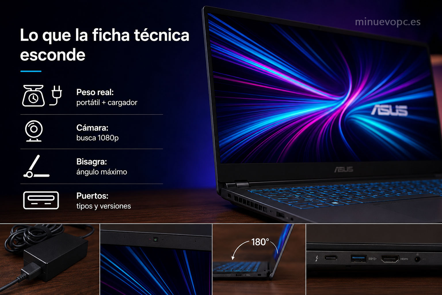 Ficha técnica de un portátil con los datos más importantes resaltados para comprobar peso, cámara, puertos y especificaciones antes de comprar