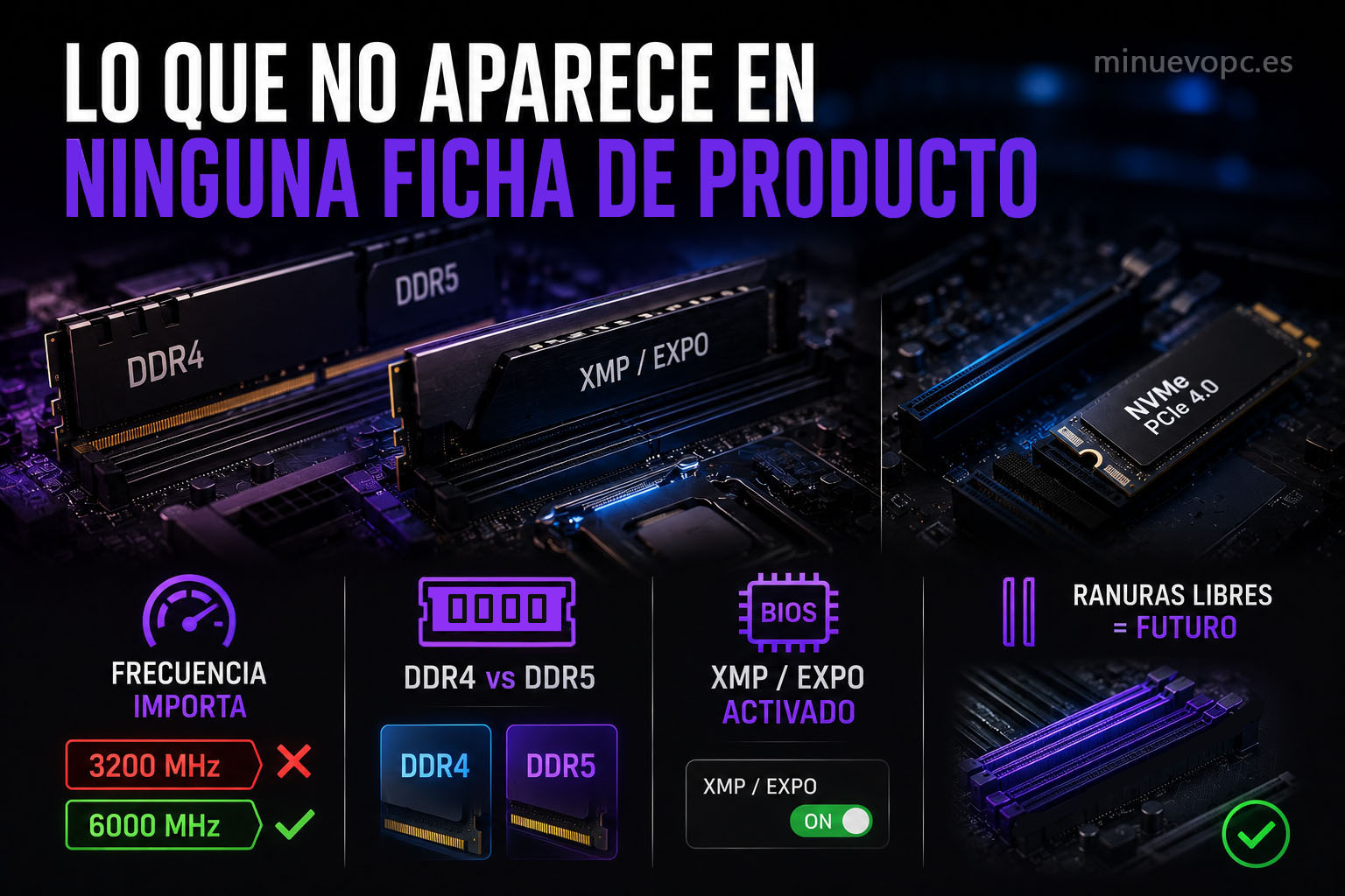 Memoria RAM DDR4 y DDR5 con perfiles XMP y ranuras de ampliación que influyen en el rendimiento real de un PC gaming