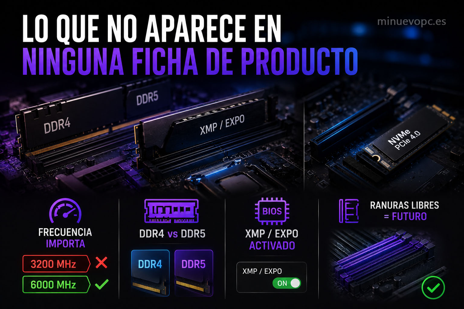 Memoria RAM DDR4 y DDR5 con perfiles XMP y ranuras de ampliación que influyen en el rendimiento real de un PC gaming