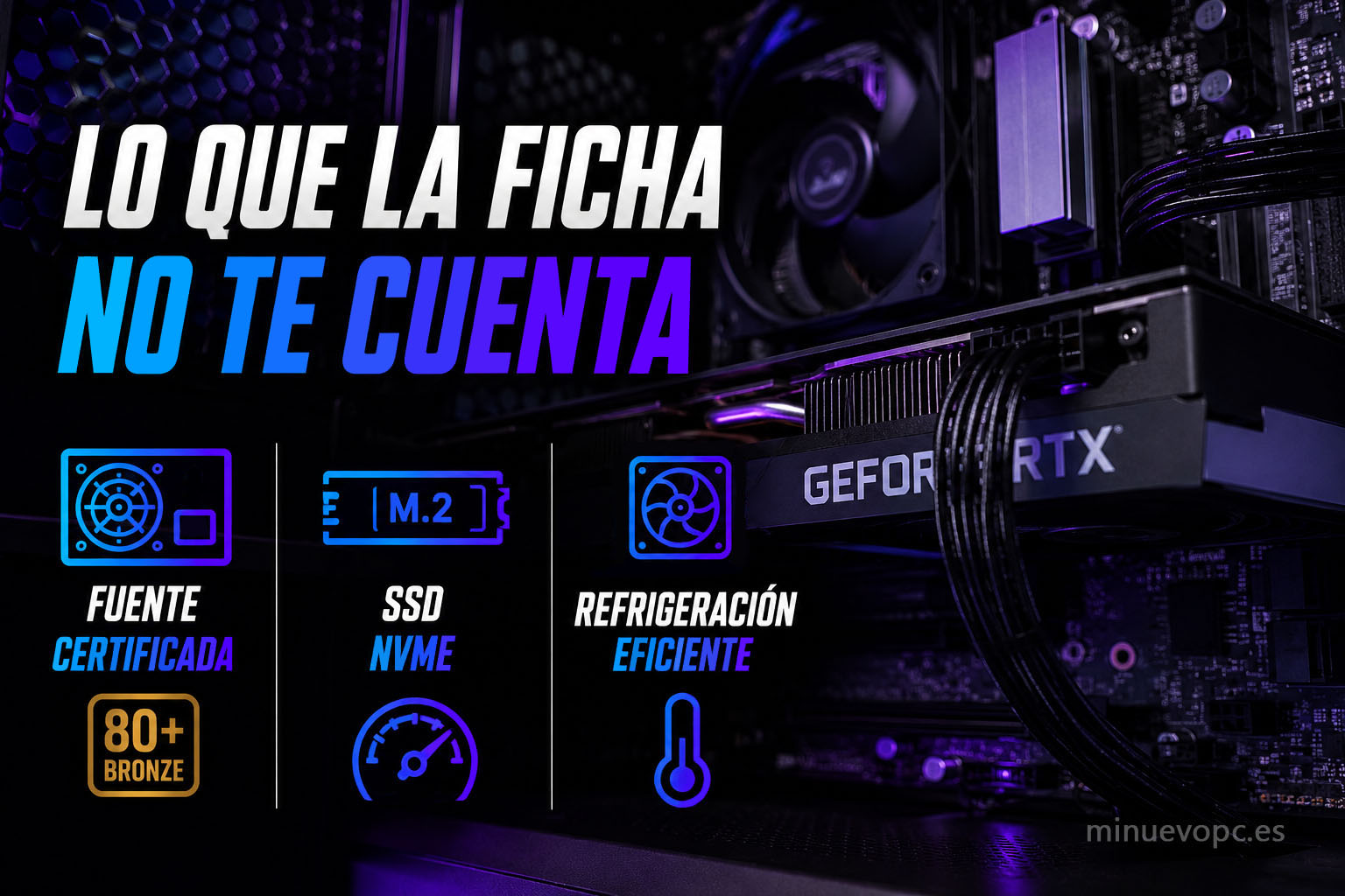 Interior de un PC gaming mostrando fuente certificada, SSD NVMe y refrigeración, componentes clave para una compra con buena calidad precio