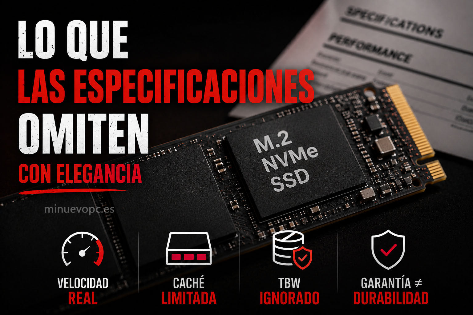 Primer plano de un SSD NVMe M.2 junto a una hoja de especificaciones destacando velocidad real, caché, TBW y garantía antes de comprar un SSD