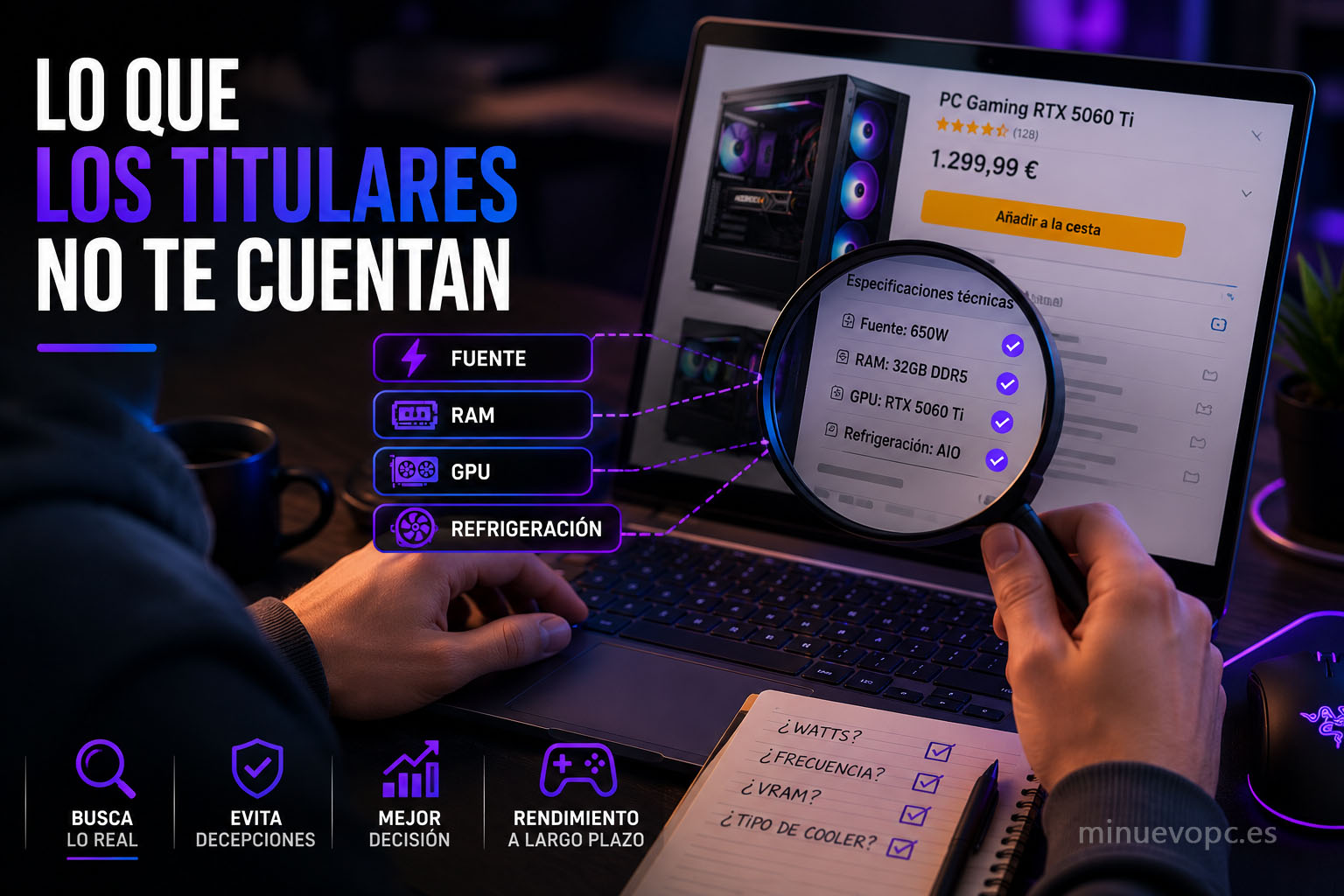 Persona revisando las especificaciones técnicas de un PC gaming con lupa antes de comprar para comprobar fuente, RAM, GPU y refrigeración
