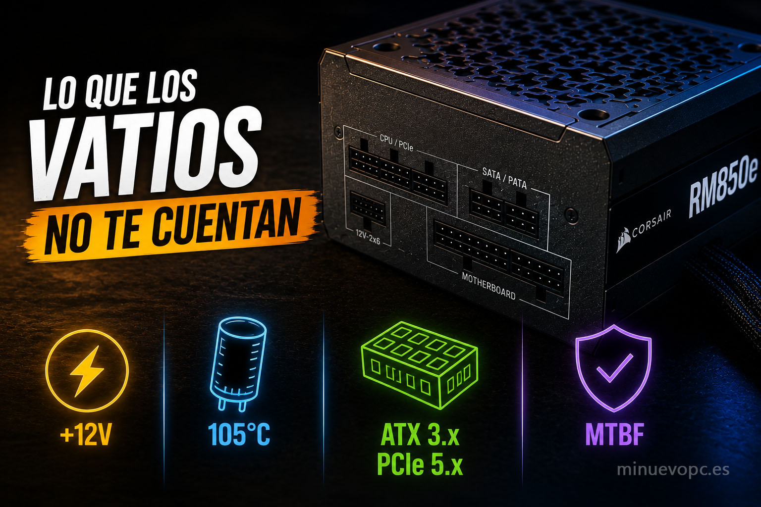 Fuente de alimentación modular con conectores PCIe, cableado premium e indicadores de potencia y compatibilidad ATX