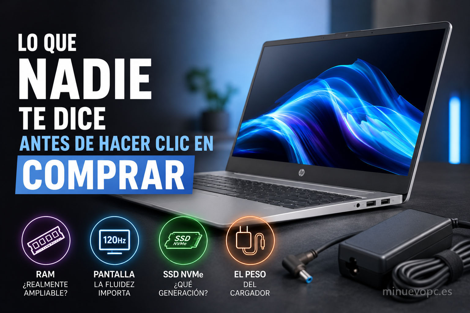 Portátil moderno mostrando aspectos clave antes de comprar un portátil como RAM ampliable, pantalla fluida, SSD NVMe y peso del cargador