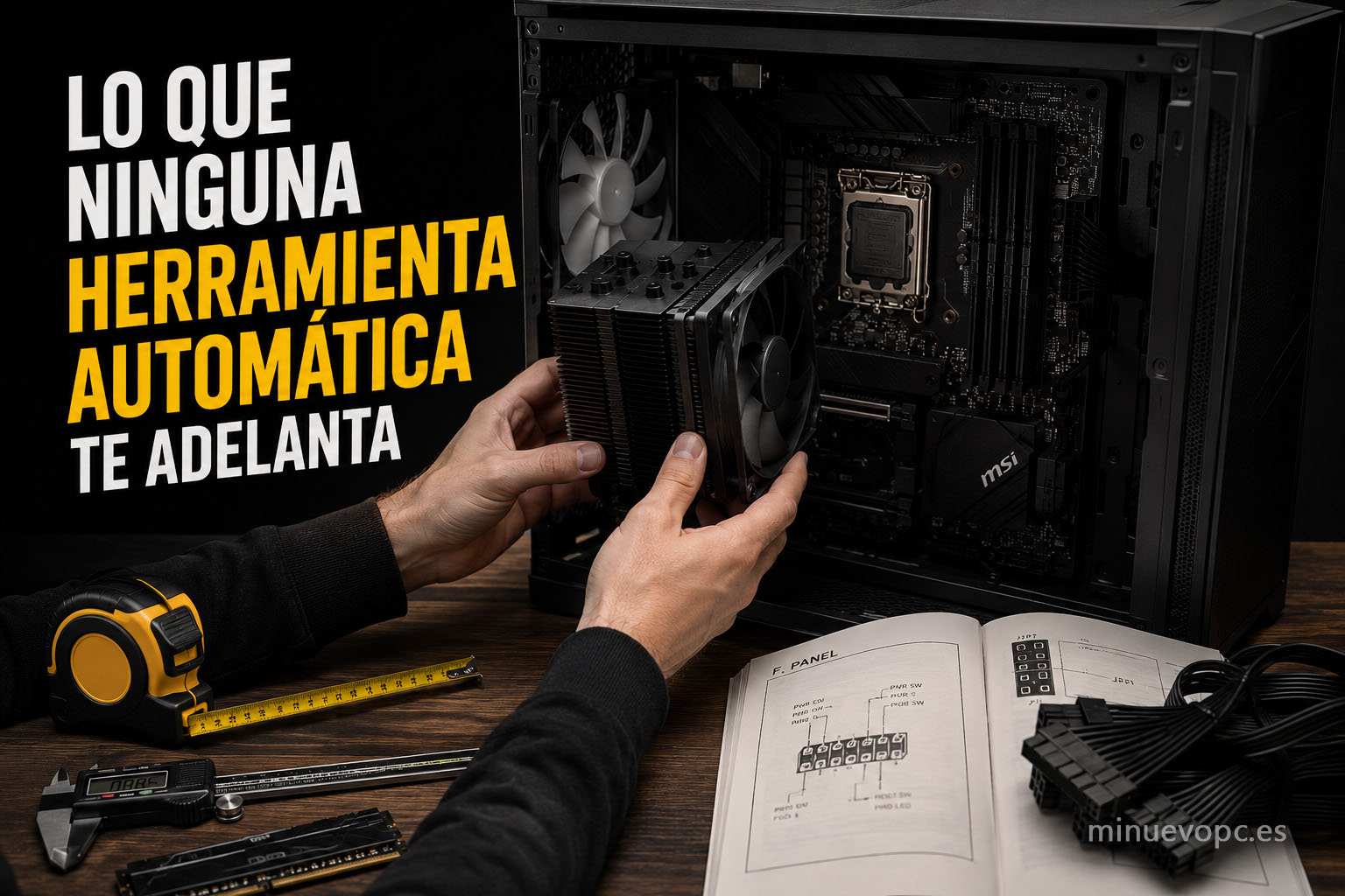 Manos comprobando si un disipador de CPU cabe en una caja antes del montaje, un detalle clave que ninguna herramienta de compatibilidad detecta al montar un PC