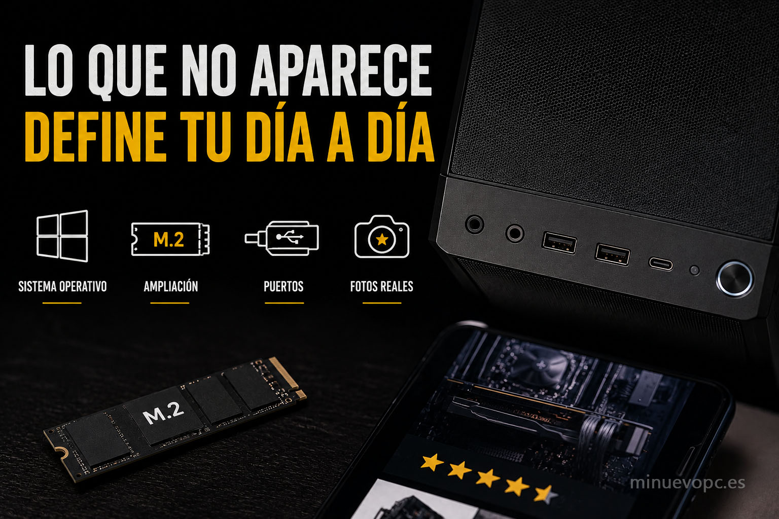 Frontal de una caja gaming con puertos USB y SSD M.2 destacando detalles que conviene revisar antes de comprar un PC gaming