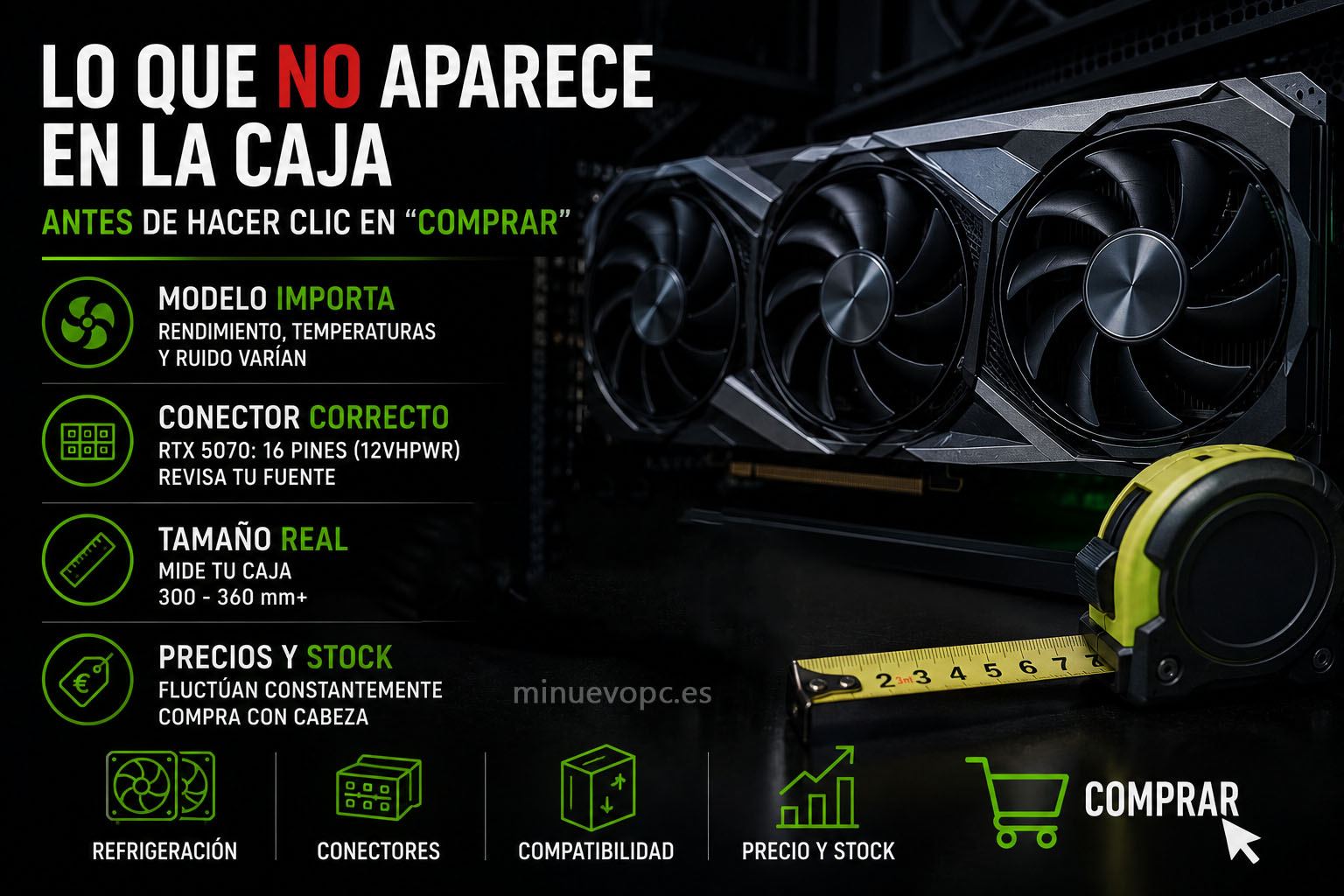 Tarjeta gráfica junto a conectores y cinta métrica para comprobar tamaño, compatibilidad y detalles importantes antes de comprar una GPU para tu ordenador