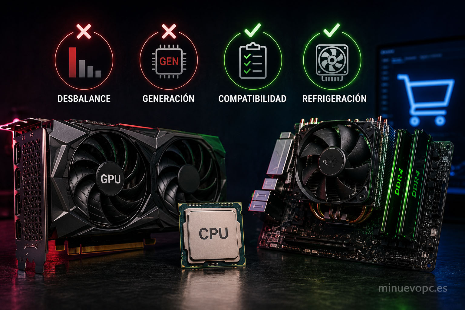 Componentes de PC gaming con tarjeta gráfica, procesador y refrigeración para elegir hardware equilibrado
