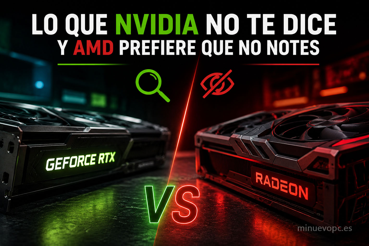 Primer plano de una GeForce RTX y una Radeon enfrentadas con iconos de análisis, una imagen que resume las diferencias reales entre RTX 5070 vs RX 9070 más allá del marketing