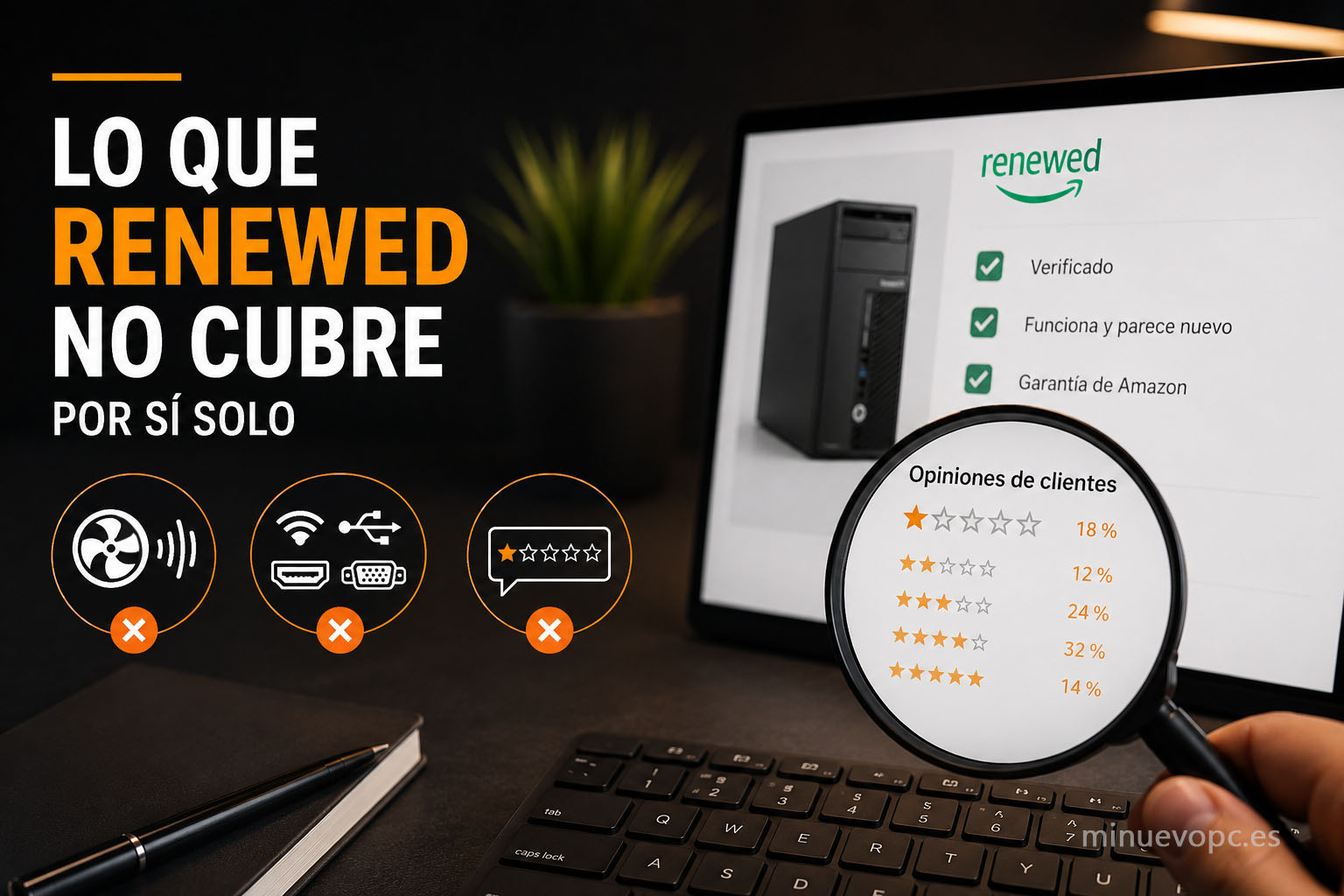 Lupa revisando opiniones de un PC renovado junto a iconos de conectividad y estado para comprobar detalles antes de elegir un reacondicionado de calidad