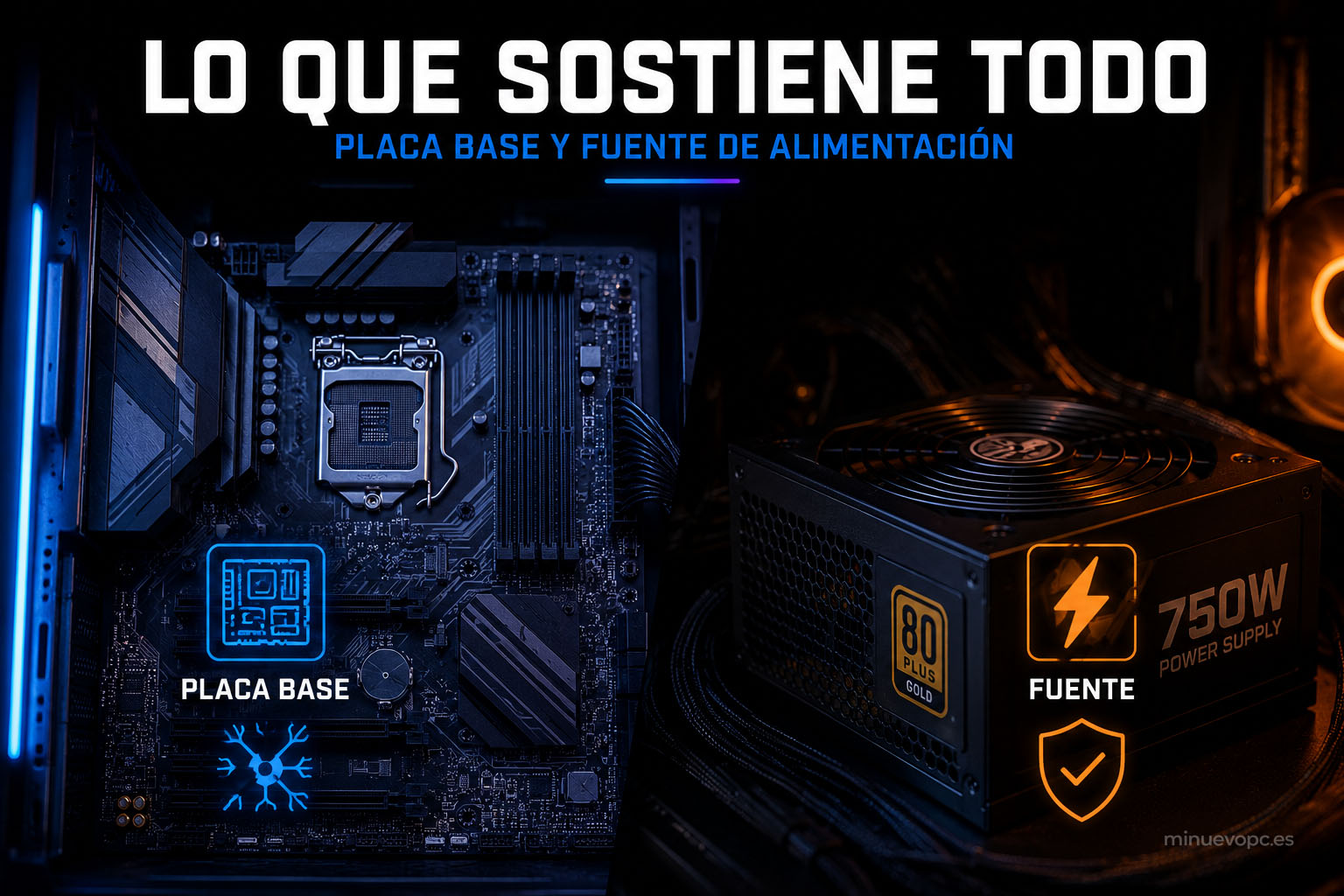 Placa base gaming y fuente de alimentación 80 Plus Gold en ordenador moderno, componentes clave para estabilidad, compatibilidad y rendimiento del PC