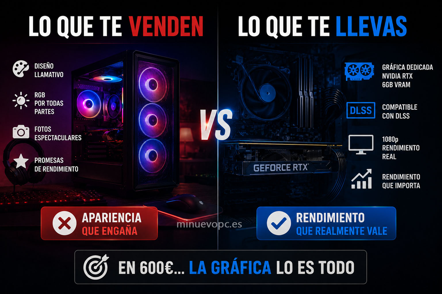 Comparativa entre una tarjeta gráfica dedicada y una gráfica integrada mostrando por qué la GPU marca la diferencia en un PC gaming de 600 euros