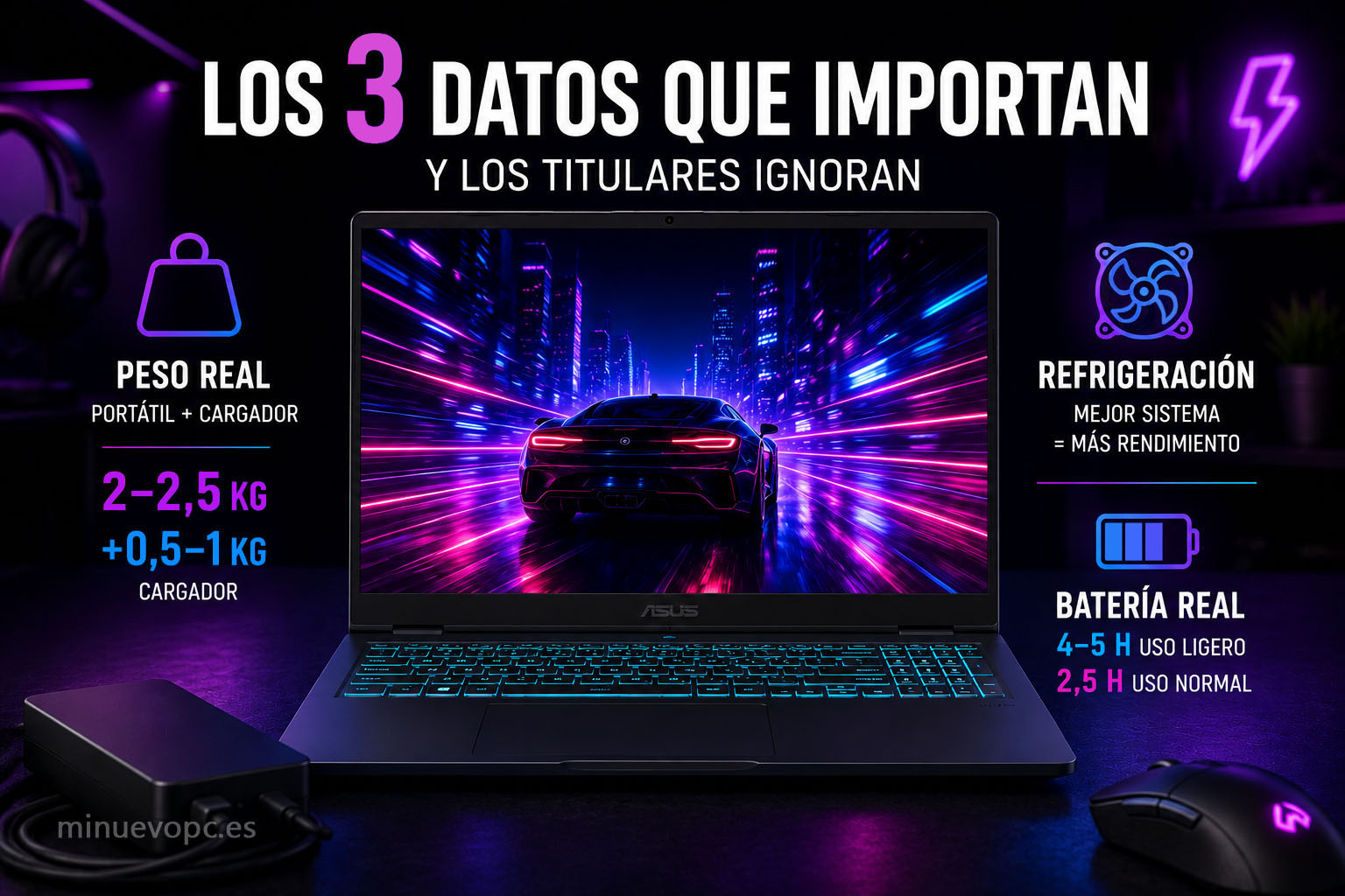 Portátil gaming con sistema de refrigeración avanzada, batería y cargador mostrando los datos clave que afectan al rendimiento y la movilidad