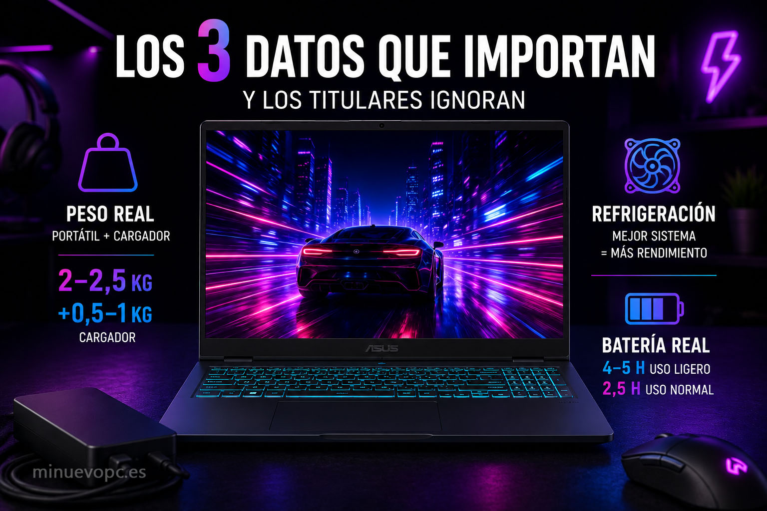 Portátil gaming con sistema de refrigeración avanzada, batería y cargador mostrando los datos clave que afectan al rendimiento y la movilidad