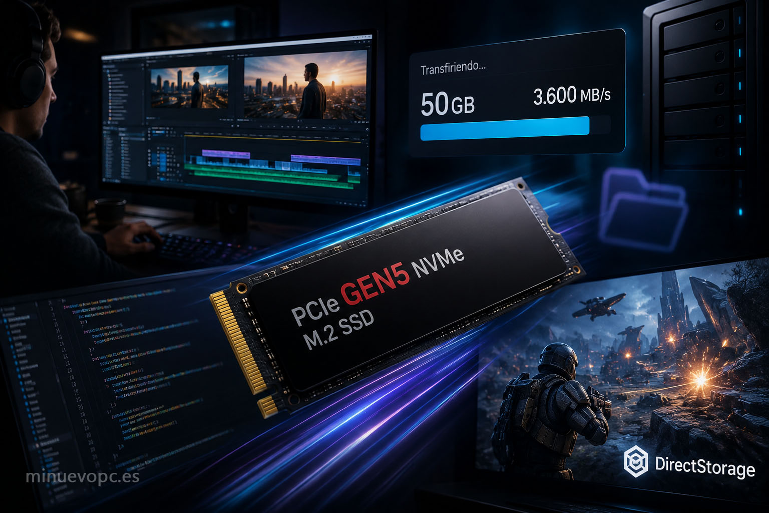 SSD NVMe Gen5 de alta velocidad instalado en PC gaming y workstation para edición de vídeo 4K y cargas profesionales