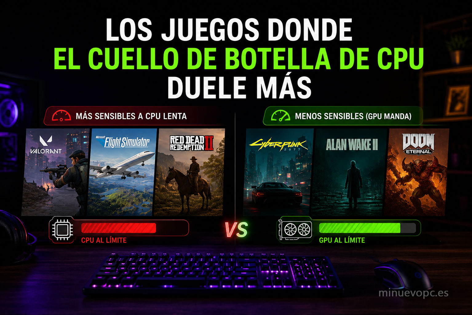Comparativa visual entre juegos donde la CPU limita el rendimiento y títulos donde la GPU trabaja al máximo para conseguir más FPS en gaming