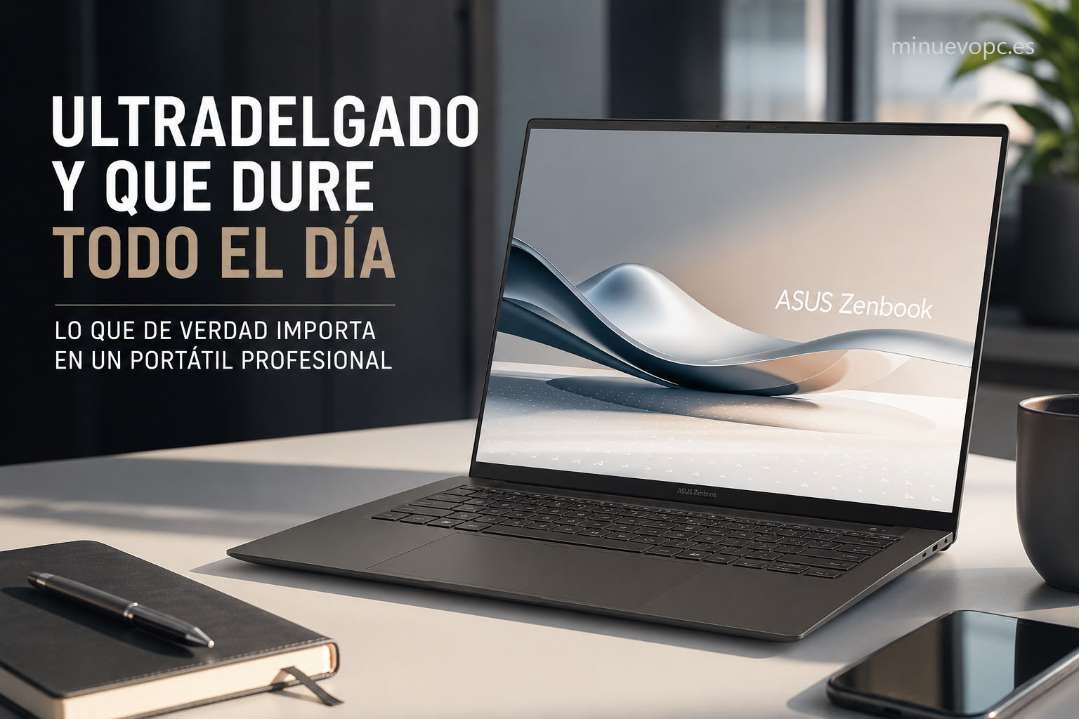 Portátil ultradelgado profesional sobre mesa de oficina con gran autonomía y diseño premium para trabajar todo el día