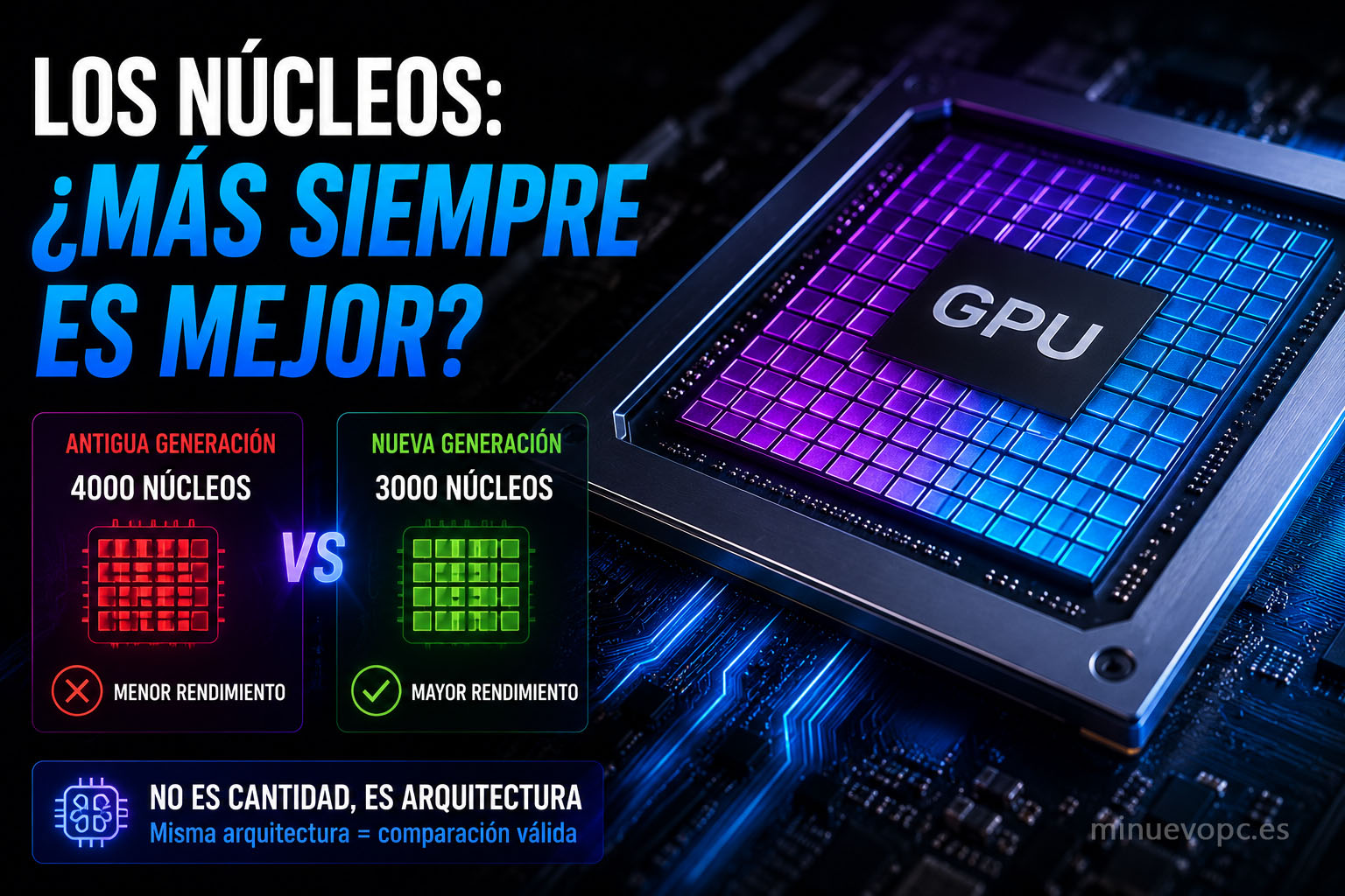 Comparativa entre núcleos CUDA de distintas generaciones de GPU mostrando cómo la arquitectura afecta al rendimiento gaming real