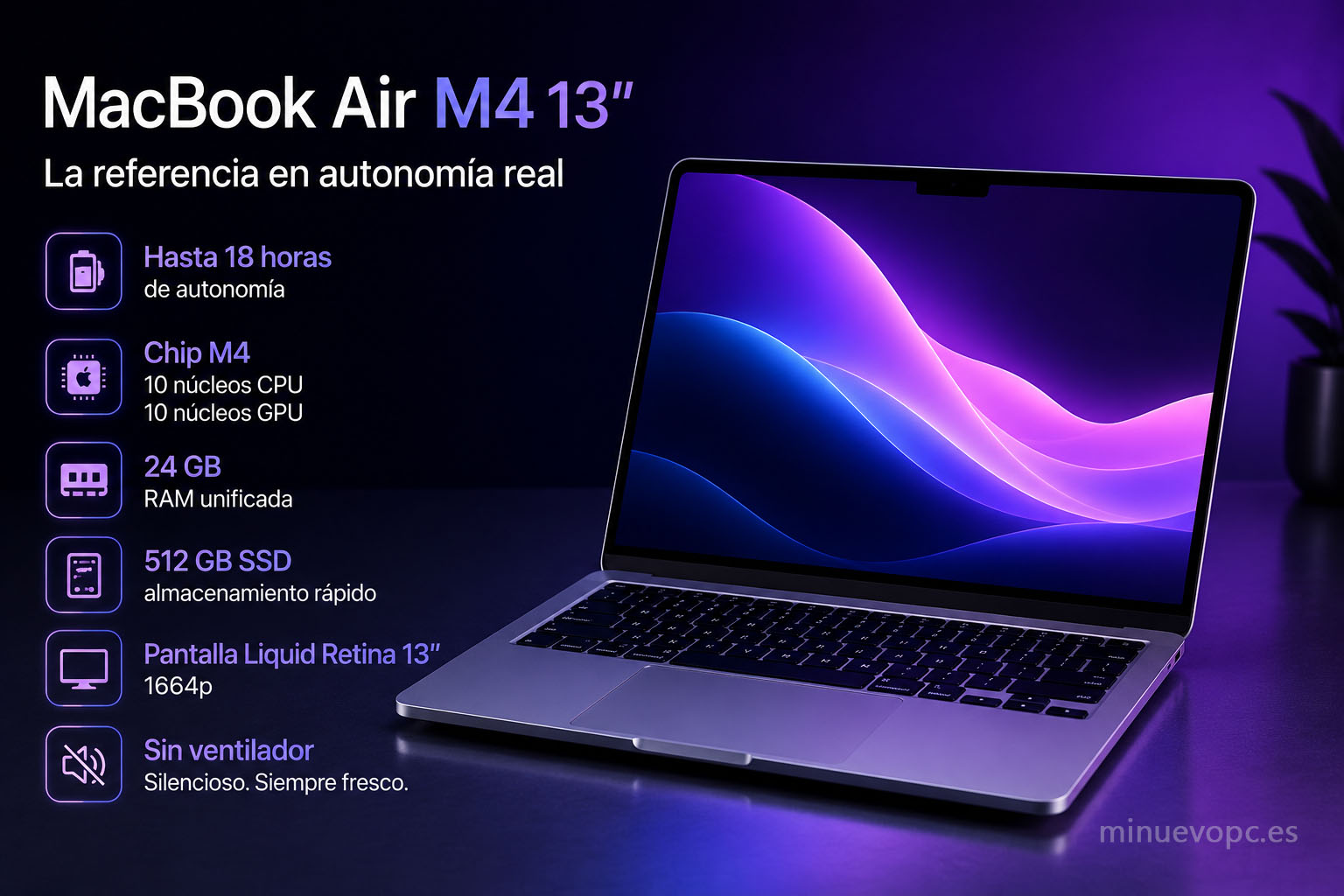 MacBook Air con chip M4, batería de larga duración, diseño ultraligero y potencia eficiente para productividad diaria y movilidad