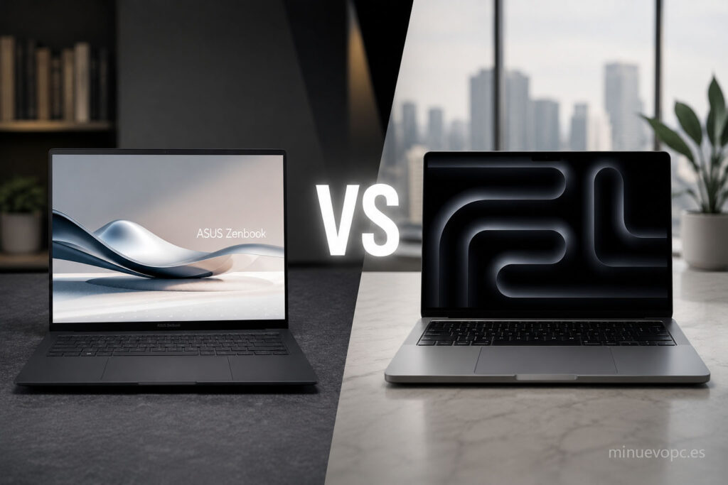 Comparativa entre MacBook Pro y portátil Windows ultradelgado premium para trabajo profesional y productividad avanzada