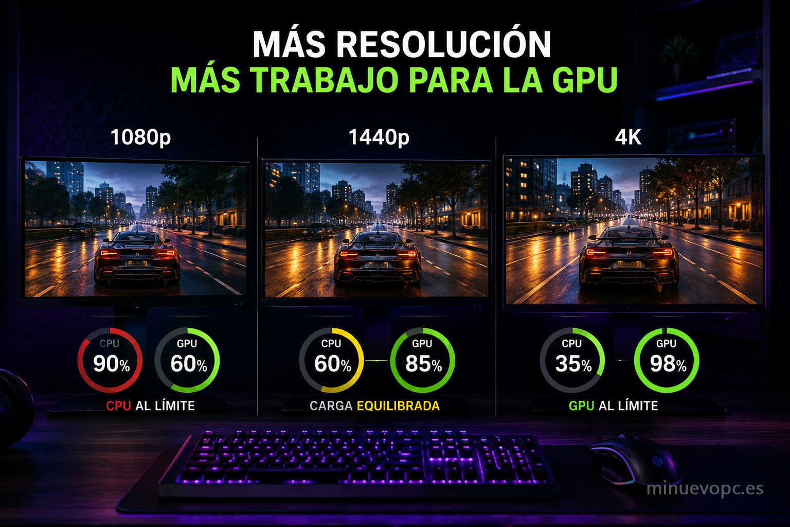 Comparativa entre 1080p, 1440p y 4K que muestra cómo cambia la carga entre CPU y GPU según la resolución y su impacto en el rendimiento de un PC gaming