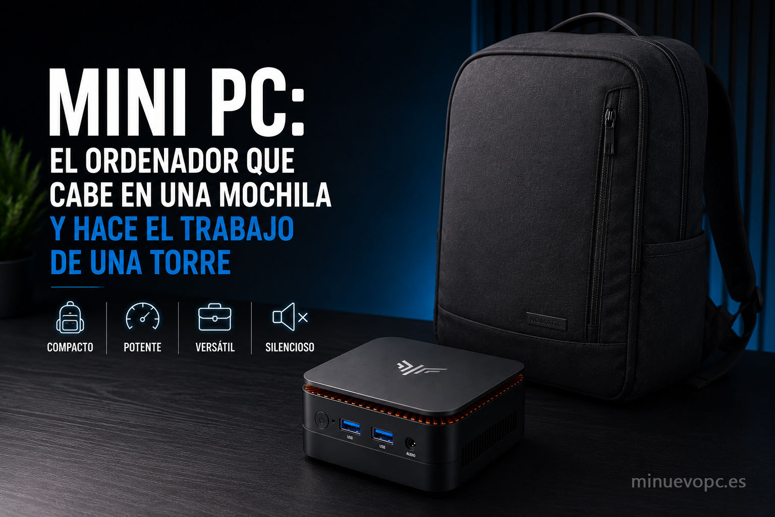 Mini PC compacto junto a mochila de viaje en escritorio moderno para teletrabajo, productividad y trabajo portátil