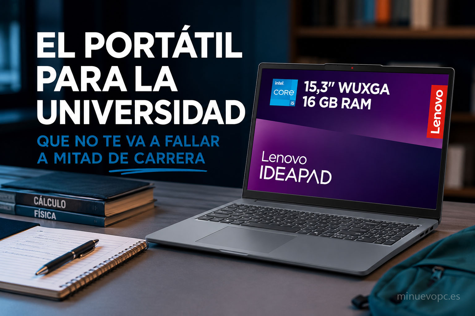 Portátil Lenovo IdeaPad para universidad sobre escritorio de estudio moderno, imagen de portátil recomendado para estudiantes con buena batería y 16 GB RAM