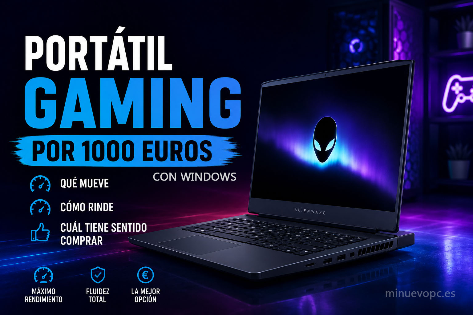 Portátil gaming con Windows por 1000 euros sobre fondo tecnológico azul, mostrando diseño gaming moderno, alto rendimiento en juegos, gráfica RTX y hardware recomendado para comprar.