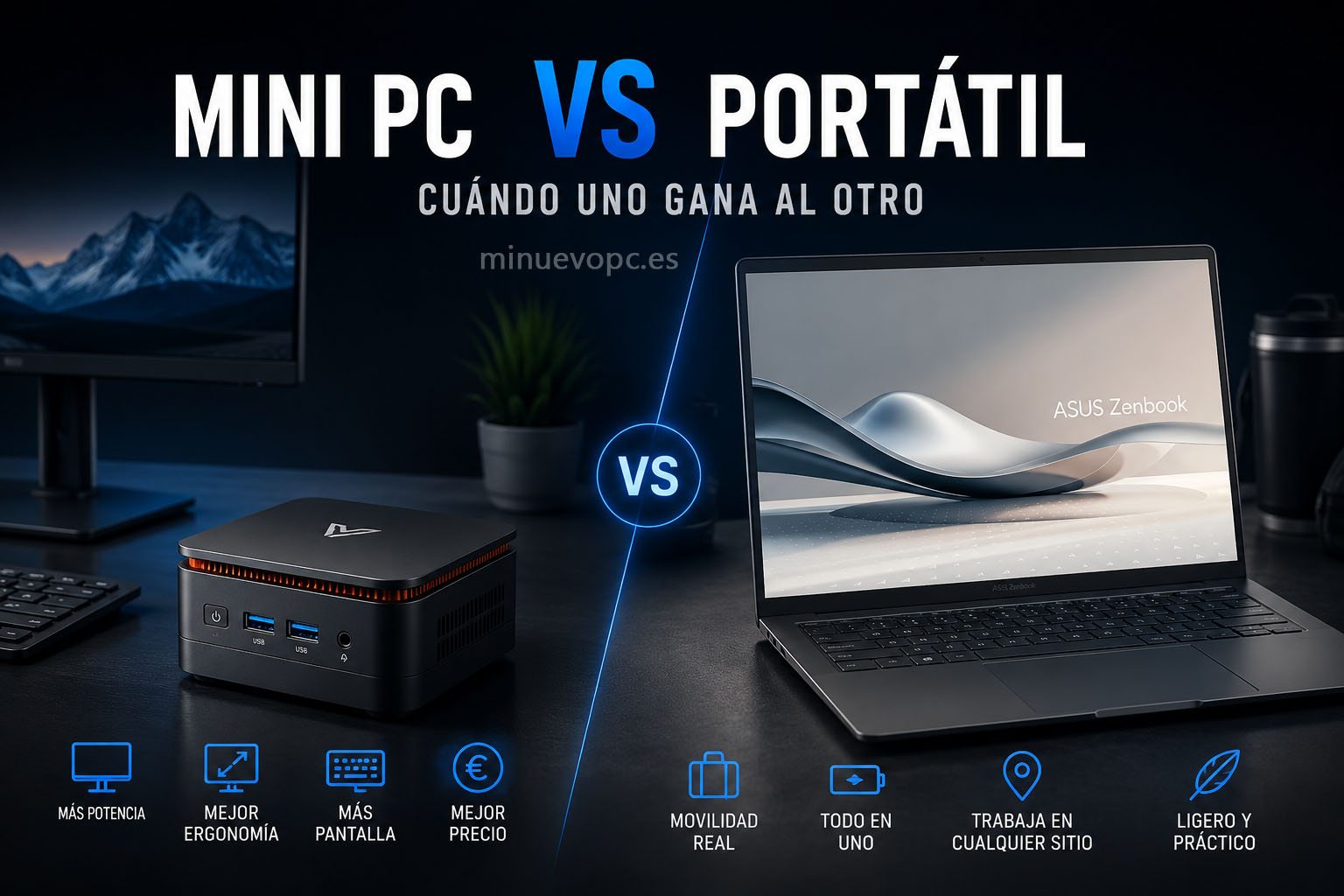 Comparativa visual entre mini PC de sobremesa y portátil para productividad y movilidad